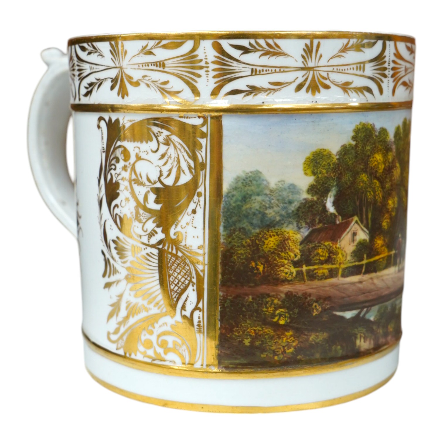 A Bloor Derby ‘Porter’ mug, c.1800-10, painted with a country scene, in the manner of Daniel Lucas, 11cm high. Condition - crack to base internally